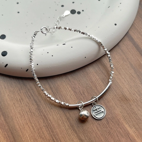 Vintage 925 Sterlingsilber Ji-Tag Glocke Armband Für Damen Neo-Chinesischer Stil Facettierte Silberperlen Glücksbringer Schmuck