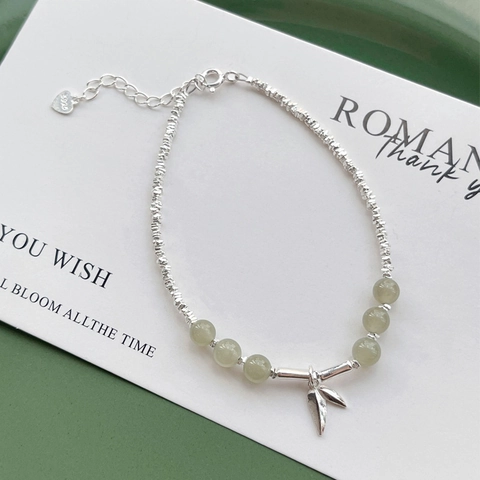 Bracciale in Argento Sterling 925 da Donna Nuovo Stile Cinese Bracciale con Perle di Giada Hetian Ciondolo Foglia di Bambù Gioielli