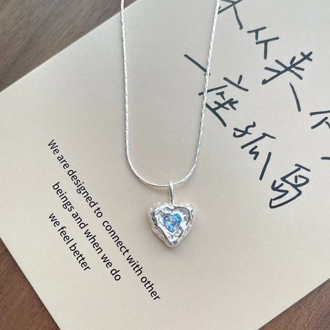 S925 Sterling Silver Heart Pendant Necklace For Women Blue Zirconia Irregular Texture Clavicle Chain Minimalist Jewelry Gift
