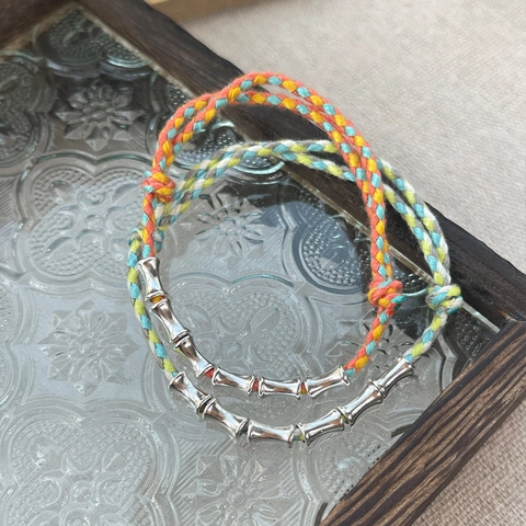 Braccialetto Artigianale in Argento Sterling 925 Nodo di Bambù Corda Intrecciata da Donna Stile Etnico Retrò Gioielli Regolabili
