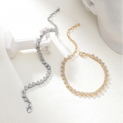 Luxury Alloy Rhinestone Heart Linked Anklet Adjustable Foot Chain Gold Silver Minimalist Body Jewelry For Women Wedding Gift
