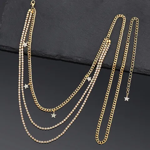 Punk Multi-layer Pentagram Waist Chain And Anklet Zinc Alloy Rhinestone Star Body Jewelry For Women Party Beach Fashion