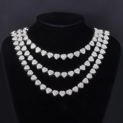 Set di Gioielli Hip Hop Con Collana e Bracciale a Catena a Cuore Per Uomo Donna in Lega di Zirconia Oro Argento