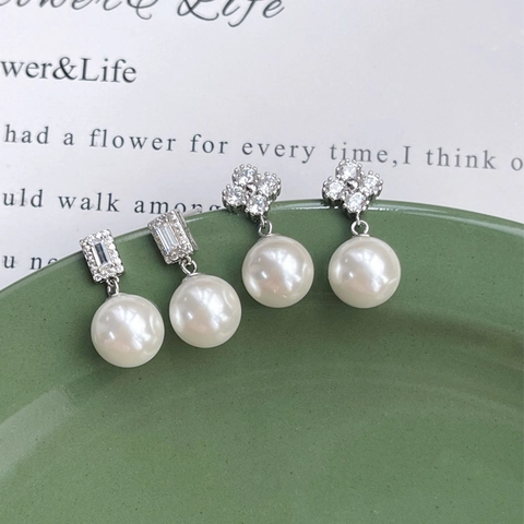 925 Sterlingsilber Ohrstecker-Stift Kunstperlen Tropfenohrringe Elegante Zirkonia Kleeblatt Quadratische Hängeohrringe Damen Schmuck