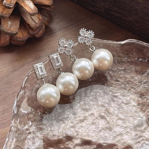 925 Sterlingsilber Ohrstecker-Stift Kunstperlen Tropfenohrringe Elegante Zirkonia Kleeblatt Quadratische Hängeohrringe Damen Schmuck