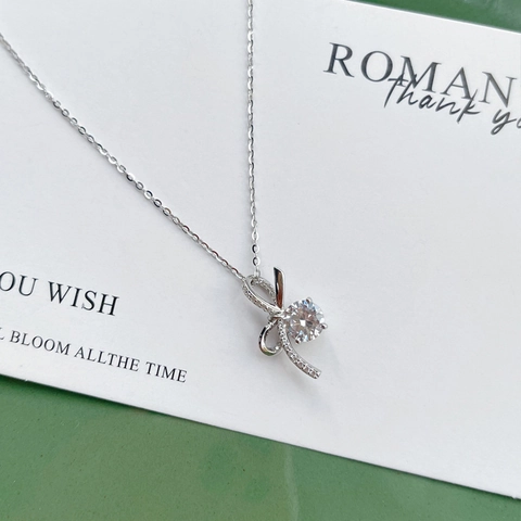 Elegante Collana con Ciondolo a Fiocco in Argento Sterling S925 Luccicante Zirconia Rotonda Fiocco Nastro Catena a Clavicola per Donna Regalo Gioielli di Moda