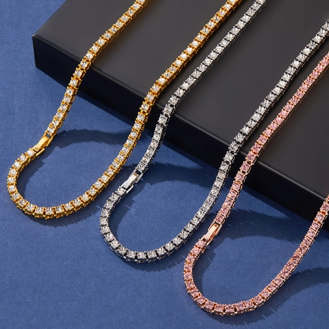 Collar de Cadena de Tenis de Una Sola Fila de Aleación de Zinc Hip Hop con Strass para Hombre Mujer Joyería Chapada en Oro Plata Rosa