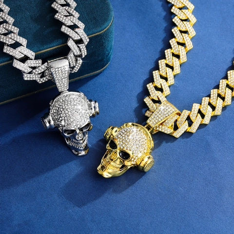 Collar Hip Hop Colgante Calavera Con Auriculares Y Cadena De Eslabones Cubanos Diamantes De Imitación Joyería Iced Out Hombre Mujer Halloween