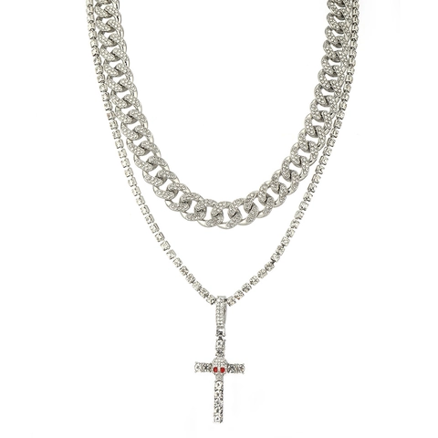 Set di Collana con Pendente a Croce di Teschio Hip Hop per Uomo Acciaio Inossidabile Catena Cubana Tennis Strass Gioielli Punk Regalo