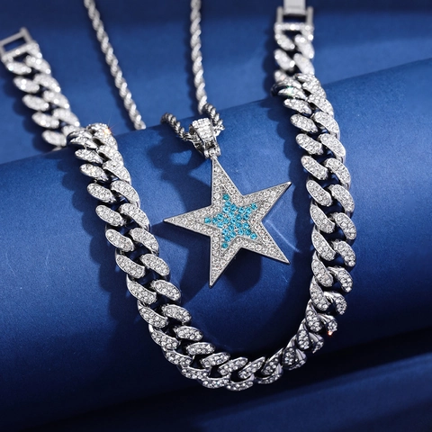 Combinazione di Collana con Pendente a Stella Iced Out per Uomo Unisex Gioielli Hip Hop Lega Strass Catena a Maglia Cubana e Catena a Corda Collane a Doppio Strato