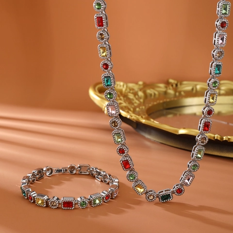 Gioielli Hip Hop Con Catena a Maglie Cubane Ghiacciati Colorati Arcobaleno Zirconia Rettangolare Lega Oro Argento Collane