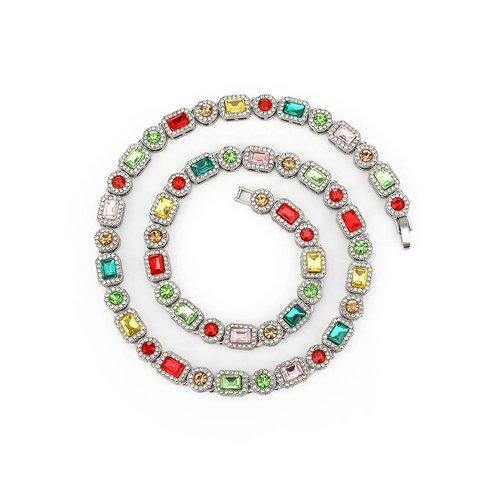 Gioielli Hip Hop Con Catena a Maglie Cubane Ghiacciati Colorati Arcobaleno Zirconia Rettangolare Lega Oro Argento Collane