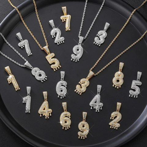 Hip Hop Legierung Zirkonia Tropf Nummer Anhänger Halskette Für Herren Damen Iced Out Digital Schmelzeffekt Schmuck Mit Kordelkette