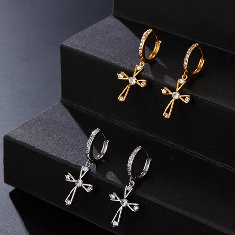 Kreuz Creolen Mit 925 Sterling Silber Stift Gold Silber Zirkonia Ohrhänger Für Damen Herren Schmuck