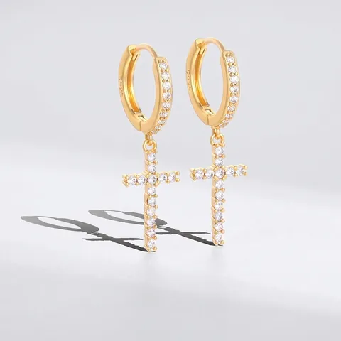Minimalist Copper Cross Hoop Drop Earrings With 925 Sterling Silver Earring Post Rhinestone Pave Jewelry For Men Women