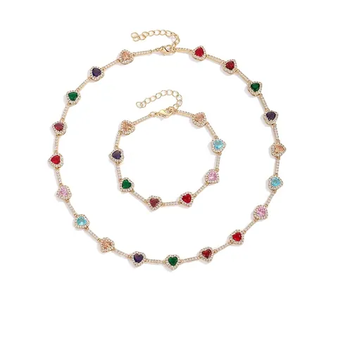 Elegantes Mehrfarbiges Herz Zirkonia Schmuck-Set Für Damen Kupfer Gold Silber Vergoldet Bunte Tennis-Kette Halskette Armband Set