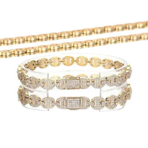 Hip Hop Mariner Link Coffee Bean Necklace Bracelet Set Copper Pave Zirconia Gold Silver Plated Jewelry For Men Women