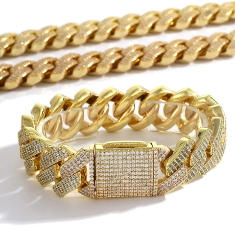 Hip Hop Miami Cuban Link Chain Necklace Iced Out Pave Zirconia Copper Heavy Gold Silver Plated Jewelry For Men Women