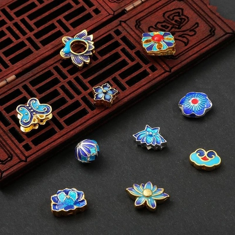 Vintage Chinese Style Imitation Cloisonne Enamel Lotus Butterfly Flower Beads Alloy Charms For DIY Jewelry Making Accessories