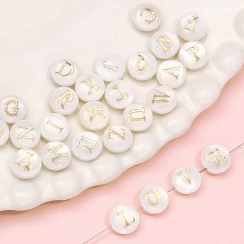 Natural Mother Of Pearl Shell Letter Number Beads Round Flat Gold Stamped Alphabet Beads For DIY Jewelry Making Handicrafts