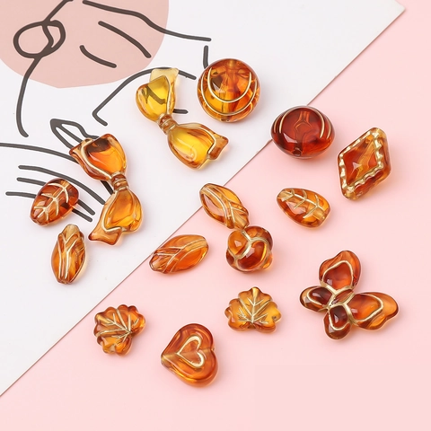 Vintage Amber Acrylic Beads With Gold Trim Butterfly Heart Leaf Shapes For DIY Jewelry Making Bracelet Necklace Charms