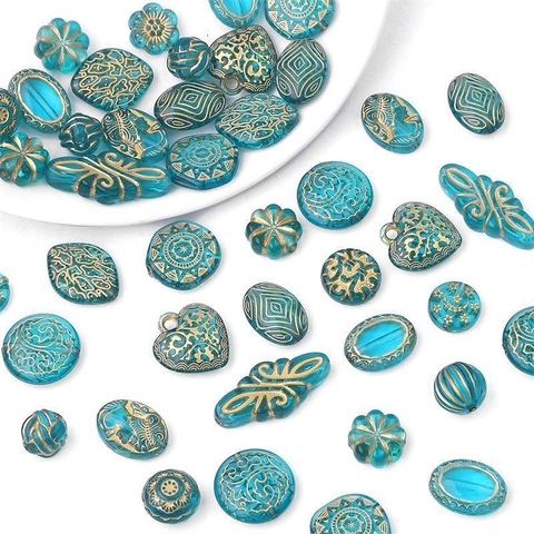 Vintage Baroque Acrylic Loose Beads Gold Painted For DIY Jewelry Making Mixed Shapes Star Moon Heart Flower Turquoise Gold Spacer Beads
