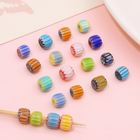 Handmade Millefiori Striped Glass Beads Pumpkin Shape Barrel Spacer Beads For DIY Jewelry Making Bracelet Necklace Accessories