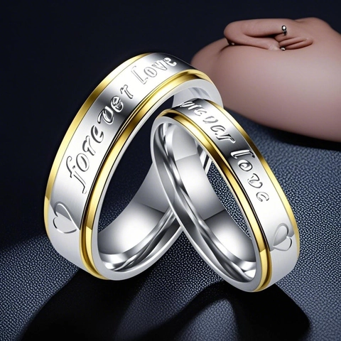Titanium Steel Couple Rings Forever Love Heart Engraved Gold Silver Two Tone Stainless Steel Band Rings Jewelry Valentine Gift