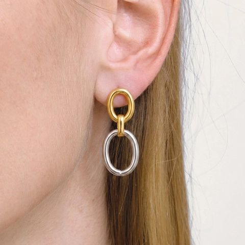 Mixed Metal Tone Geometric Oval Link Earrings With 304 Stainless Steel Earring Post Minimalist Aesthetic Women Jewelry