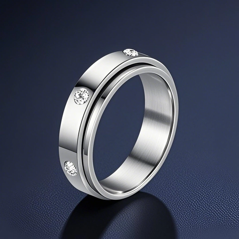 Fashion Stainless Steel Rhinestone Spinner Ring For Stress Relief Rotating Decompression Band Ring Unisex Anxiety Ring Jewelry
