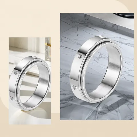 Fashion Stainless Steel Rhinestone Spinner Ring For Stress Relief Rotating Decompression Band Ring Unisex Anxiety Ring Jewelry