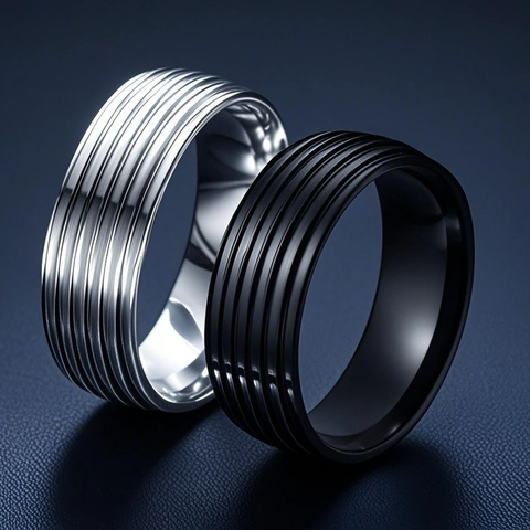 Anello a Fascia in Acciaio al Titanio da Uomo Stile Industriale Minimalista Scanalature Parallele Lucidatura Oro Nero Gioielli