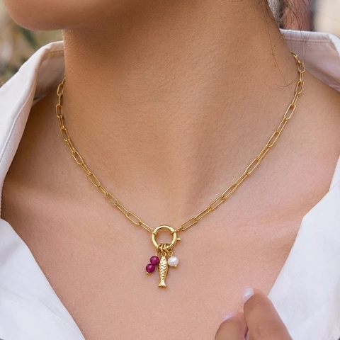 Oceaan Vis Roestvrijstalen Ketting En Oorbellen Met Zoetwaterparel Steen Waterdicht Hypoallergeen Boheemse Sieraden