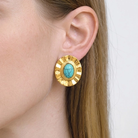 Pendientes de Botón Ovalados de Turquesa Vintage Acero Inoxidable Chapado en Oro de 18K al Vacío Joyería Mujer