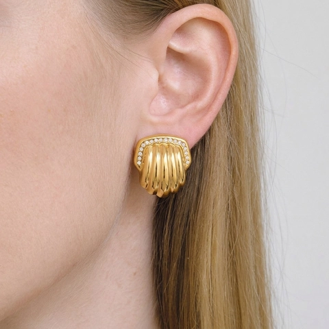 Pendientes De Acero Inoxidable Forma Concha Abanico Con Cristales Texturizados Para Mujeres Impermeable Hipoalergénico