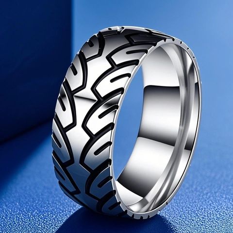 Heren Titanium Staal Bandenpatroon Gegraveerde Bandring Hip Hop Industriële Stijl Blauw Staalkleur Wijsvinger Ring Sieraden Accessoires