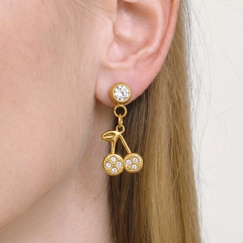 Rhinestone Cherry Stud Earrings Gold Plated 304 Stainless Steel Waterproof Hypoallergenic Summer Fashion For Women