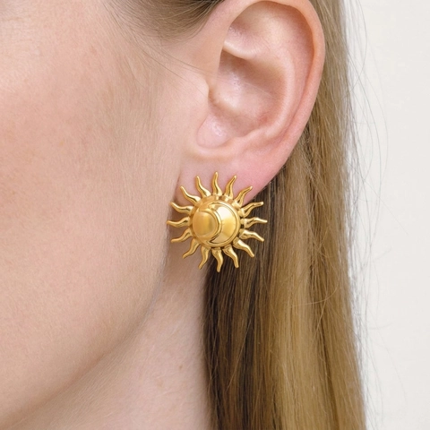 Geometric Sun Moon Stainless Steel Earrings Ring Gold Plated Waterproof Hypoallergenic Small Crowd Women Jewelry