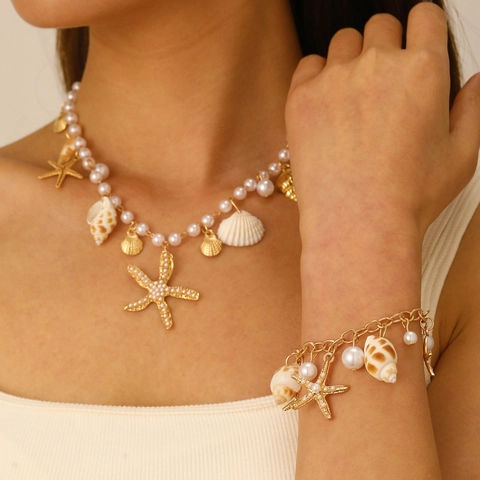 Bohemian Beach Pearl Jewelry Gold Alloy Starfish Shell Conch Pendant Necklace Bracelet For Women Summer Vacation Gift