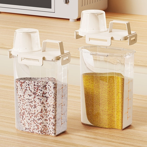 Food Grade Clear Grain Storage Box With Measuring Cup Lid And Handle Moisture Proof Sealed Rice Container For Kitchen Cereal Flour