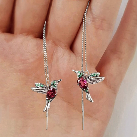 Orecchini Pendenti A Forma Di Colibrì Per Donna Rame Zirconia Cubica Colorata Catena Lunga Gioielli Animali