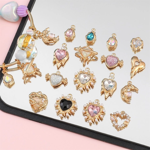 Legierung Herz Mond Stern Wassertropfen Anhänger Für DIY Schmuckherstellung Gold Galvanisiert Strass Künstliche Perle Charms