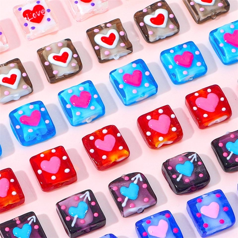 Handgemalte Herz Lampwork Glas Quadratische Perlen DIY Schmuckherstellung Armband Halskette Lose Perlen Punkte Liebe Muster
