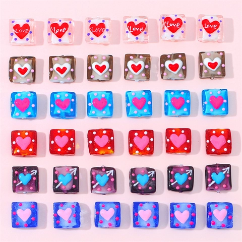 Handgemalte Herz Lampwork Glas Quadratische Perlen DIY Schmuckherstellung Armband Halskette Lose Perlen Punkte Liebe Muster