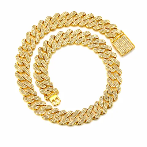 Hip Hop Iced Out Cuban Link Chain Necklace Zinc Alloy Zirconia Rhombus Triple Row Drill Heavy Jewelry For Men Women