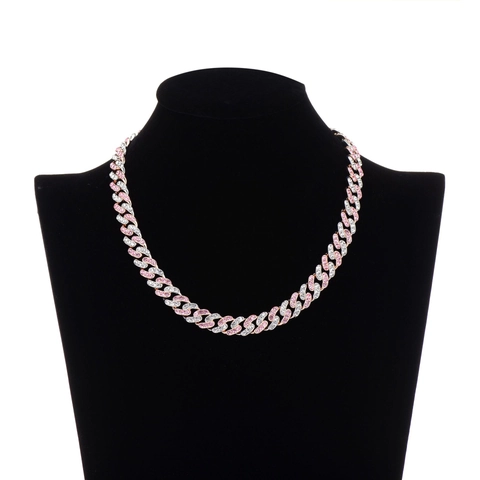 Hip Hop Iced Out Cuban Link Chain Necklace Bracelet Pink White Rhinestones Alloy Streetwear Fashion Jewelry For Men Women