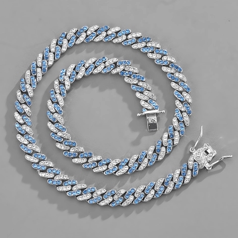 Hip Hop Iced Out Zinc Alloy AAA Rhinestone Cuban Link Necklace And Bracelet Blue Pink White Fashion Jewelry For Men Women
