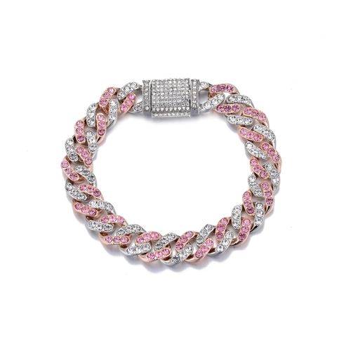 Hip Hop Iced Out Cuban Link Chain Necklace Bracelet Pink White Rhinestones Alloy Streetwear Fashion Jewelry For Men Women