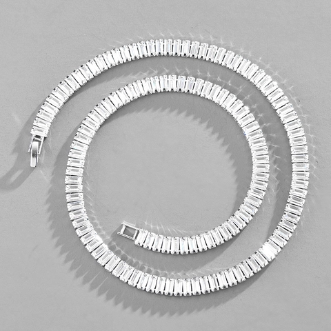 Collana a Catena Cubana in Rame Hip Hop Unisex con Ciondolo Geometrico in Zirconia Taglio Baguette Gioielli Placcati Oro Argento