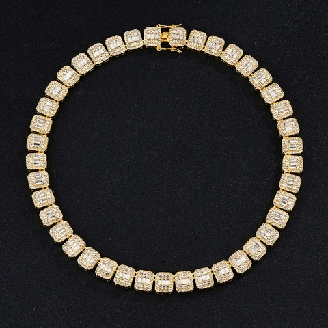 Collana Bracciale con Catena a Maglie Quadrate Hip Hop Iced Out Baguette Zirconia in Lega di Zinco Oro Argento Gioielli per Uomo Donna